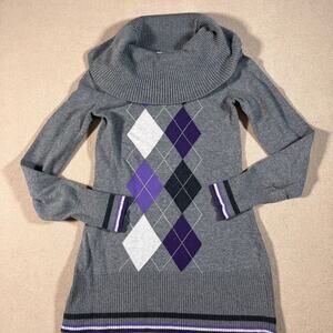 Vintage Y2K 90s Argyle Sweater Cowl Neckline Body Central 100% Cotton Womens S